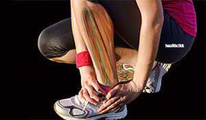 a female holding her ankle illustration details the anatomical structure of her lower leg and the associated injury the the leg
